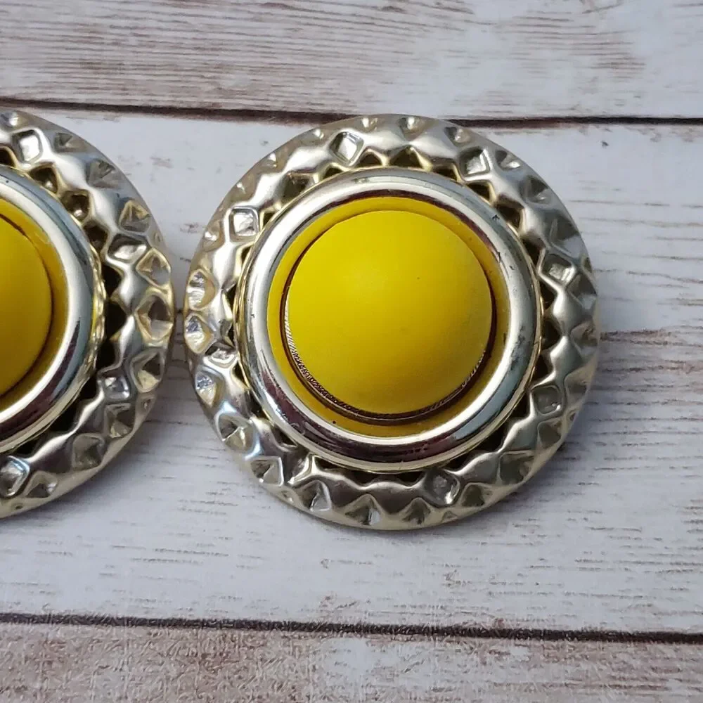 Vintage Clip On Earrings - Large Yellow with Gold Tone Fancy Halo Statement